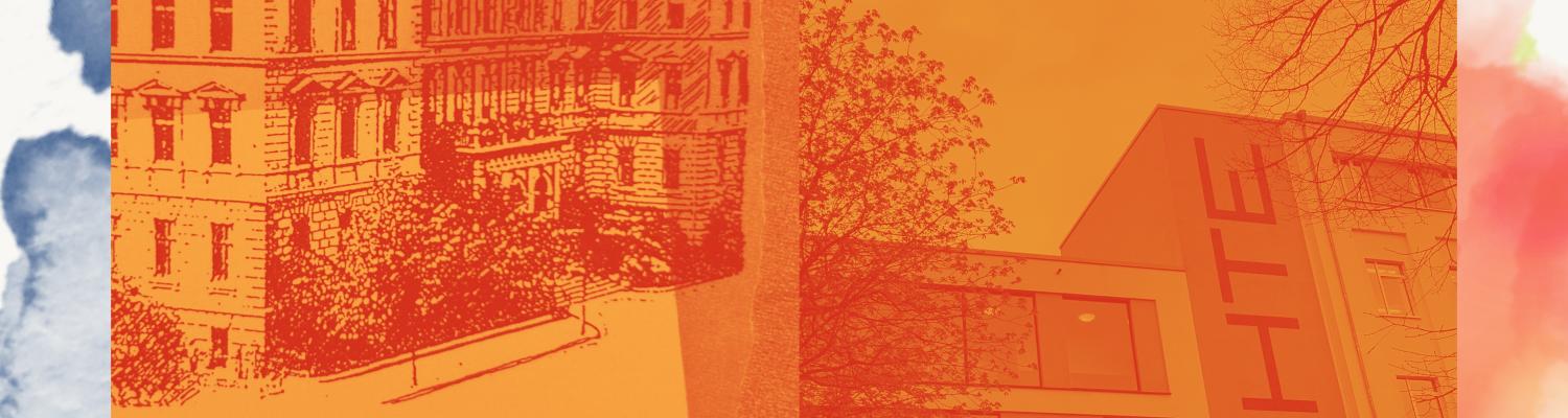 Künstlerisch gestaltete Collage mit 2 Gymnasiumgebäude-Fotos in orange-rotem Duplexfarb-Look